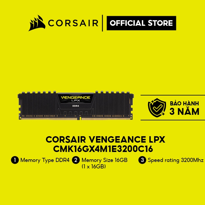 Bộ nhớ RAM PC CORSAIR VENGEANCE LPX 16GB DDR4 1x16G 3200MHz - Bảo hành 36 Tháng