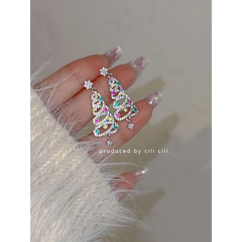 Bông Tai Hình Cây Thông Giáng Sinh Đính Đá zircon Nhiều Màu Sắc Siêu Lấp Lánh Thời Trang Thu Đông