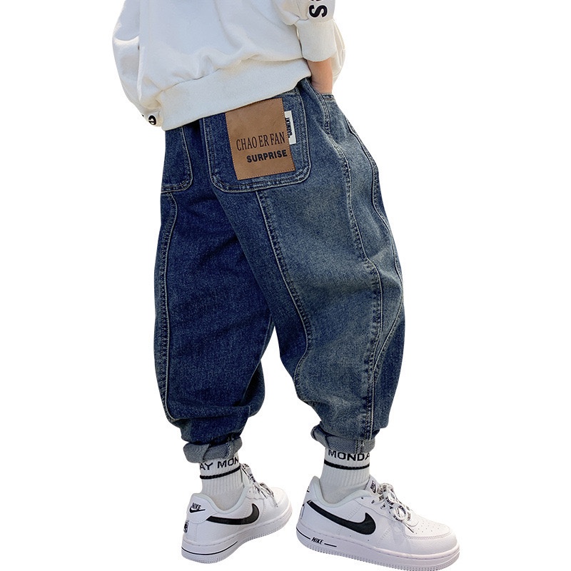 Quần jean bé trai SIZE ĐẠI QB652 sz 110-170 màu xanh phối đậm nhạt túi mác nâu, quần ống rộng gân nổi cho bé thu đông 23