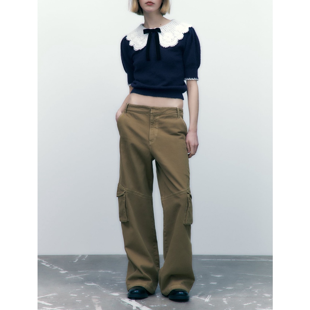 Zara Áo sweater Tay Ngắn Cổ Búp Bê Thắt Nơ Xinh Xắn Hợp Thời Trang 9598014