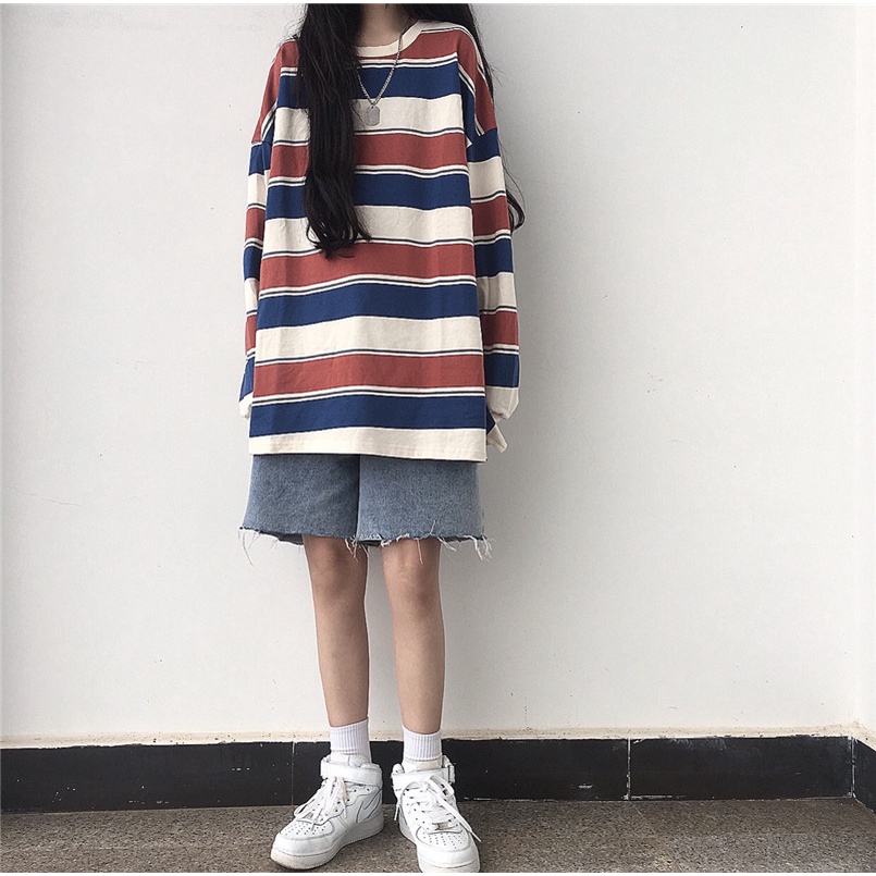 Áo Phông Hot Áo Thun Dáng Rộng Tay Dài Kẻ Sọc Cầu Vồng Thời Trang Mùa Thu Cho Nữ