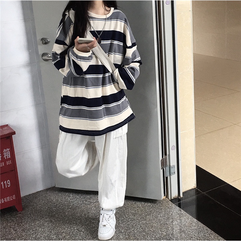 Áo Phông Hot Áo Thun Dáng Rộng Tay Dài Kẻ Sọc Cầu Vồng Thời Trang Mùa Thu Cho Nữ