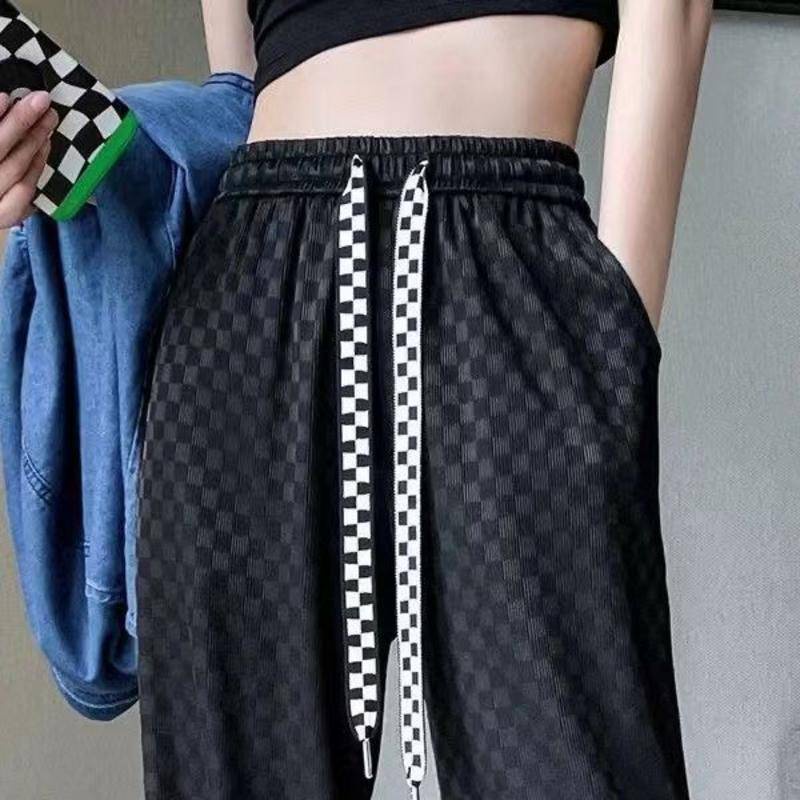 Quần Lụa Lạnh Mỏng Ống Rộng Lưng Cao Họa Tiết Sọc Caro Màu Đen Thời Trang Mùa Hè Cho Nữ 060