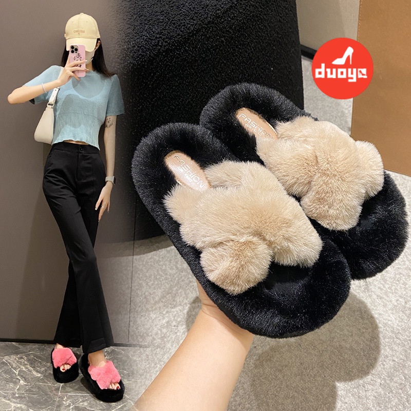 Dép Đi Trong Nhà Máy Duooya Thẳng ~  Dép Xỏ Ngón Lông Xù Dày Quai Chéo Màu Đen Mùa Thu Đông Cho Nữ