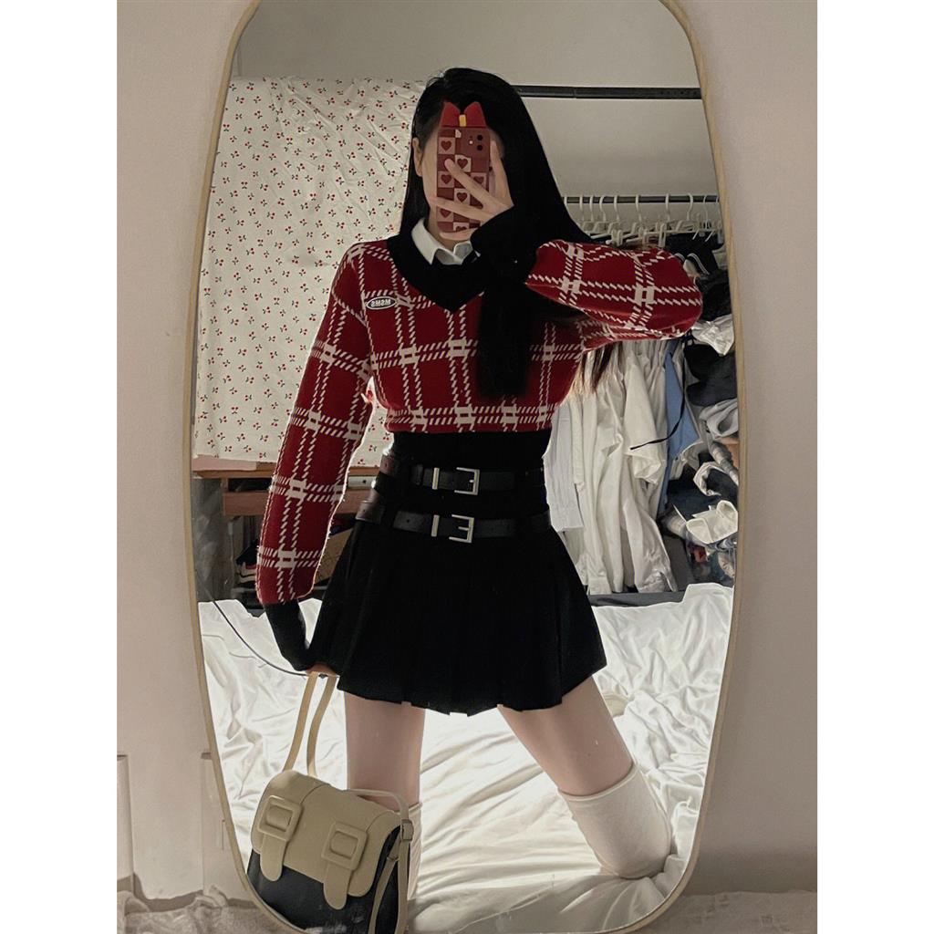 Bộ Áo sweater Dáng Ngắn + Chân Váy Chữ a Lưng Cao Sọc Ca Rô Thời Trang Xuân Thu Phong Cách Mới Ngọt Ngào Cho Nữ