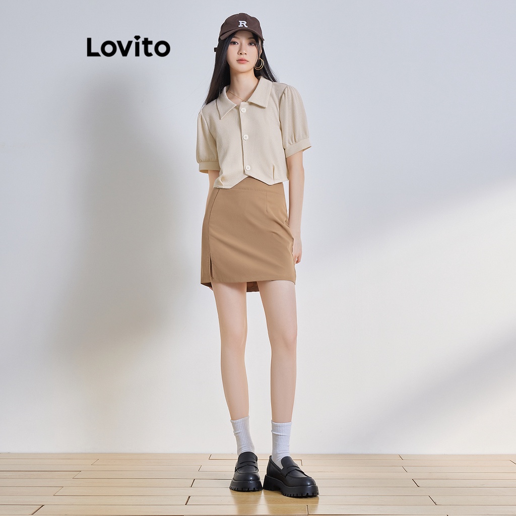 Áo kiểu Lovito tay phồng cài nút trước màu trơn thường ngày cho nữ L64AD015 (Màu kaki nhạt)