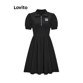 Đầm Lovito xếp ly thêu họa tiết màu trơn phối dây kéo phong cách preppy cho nữ L59ED144 (Đen)