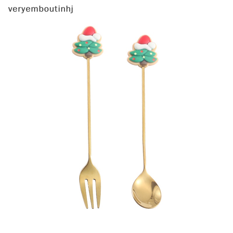 Hj set 2 Muỗng Nĩa Ăn Tráng Miệng Bằng Thép Không Gỉ Hình Cây Thông Giáng Sinh Trang Trí Làm Quà Tặng Giáng Sinh n