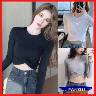 Áo thun nữ áo kiểu nữ cổ tròn tay dài xoắn eo dáng croptop chất thun tăm co giãn PANOSI - A765