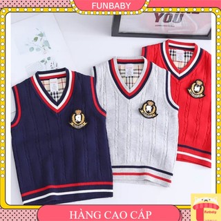 Áo gile len cho bé trai size đại, Gile len trẻ em cổ tim 7-14 tuổi đính logo phong cách Hàn Quốc sợi không bai xù