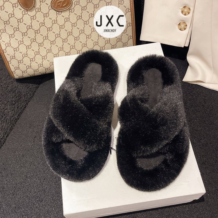 JINxCHOYDép Lông Xù Mũi Tròn Quai Chéo Màu Trơn Dễ Thương Hợp Thời Trang Hè