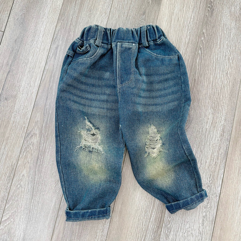 Quần jean dài rách xước gối 2 bên size cho bé 9-25kg
