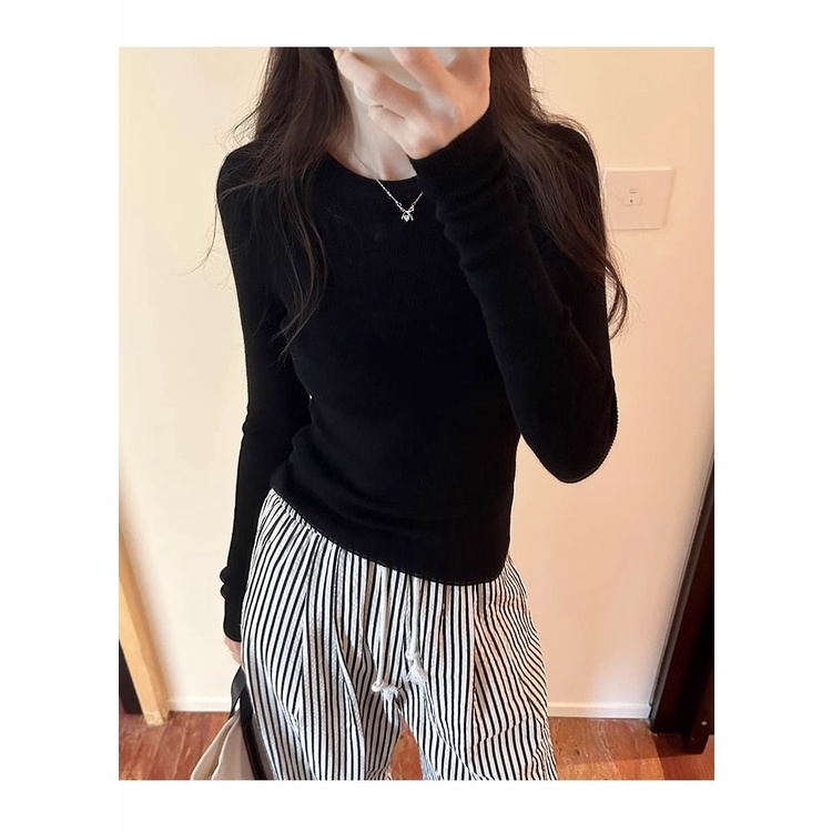 Áo Thun Tay Dài Cổ Tròn Màu Trơn Dáng Ôm Thời Trang Mùa Thu Hàn Quốc 2023