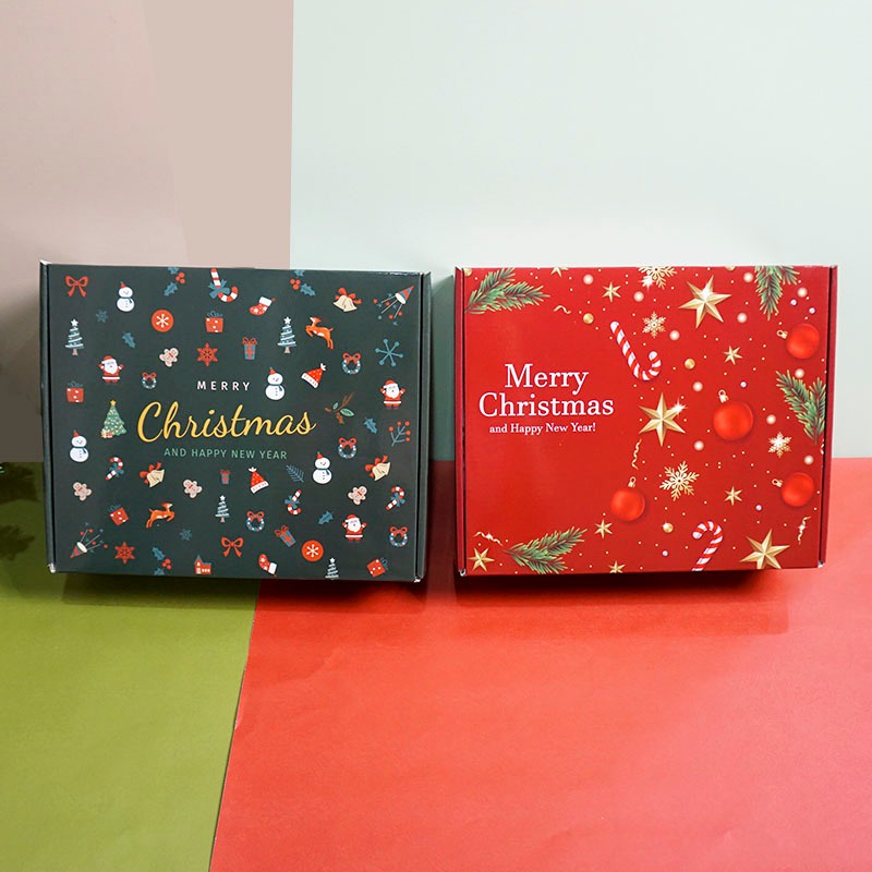 Hộp giấy đựng quà giáng sinh noel nắp gài H30 kèm rơm 20x25x8cm cứng cáp, hoạ tiết in sắc nét