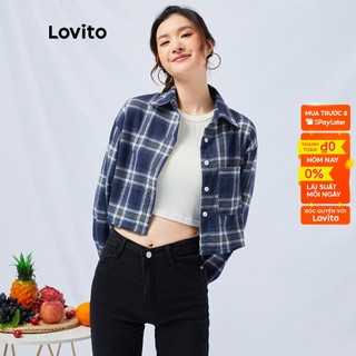 Lovito Preppy Áo sơ mi kẻ sọc cổ áo Tartan nút màu xanh dương L11013