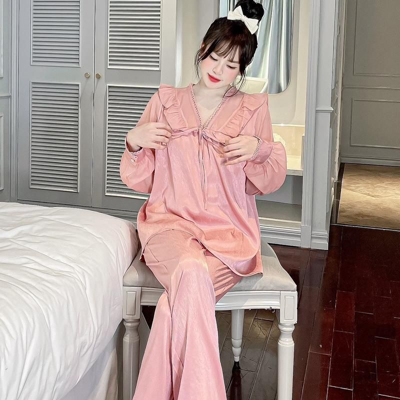 Bộ ngủ nữ Pijama cổ zen Lụa gấm xước ánh kim tiểu thư JUSOKA