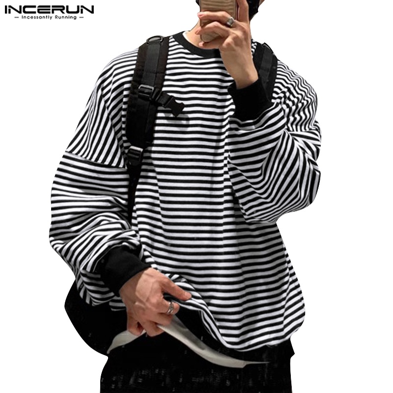 INCERUN Áo sweater Cổ Tròn Phối Màu Đen Trắng Cá Tính Cho Nam