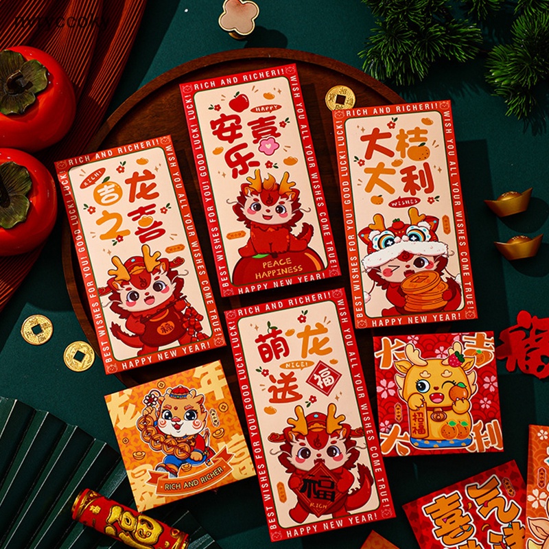 Set 6 Bao Lì Xì Năm Mới 2024 Họa Tiết Rồng May Mắn Màu Đỏ Phong Cách Trung Hoa
