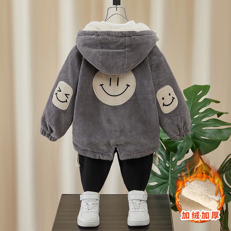 Áo Khoác Vải Nhung Dày Dặn Có Nón Thời Trang Mùa Đông Cho Bé Trai