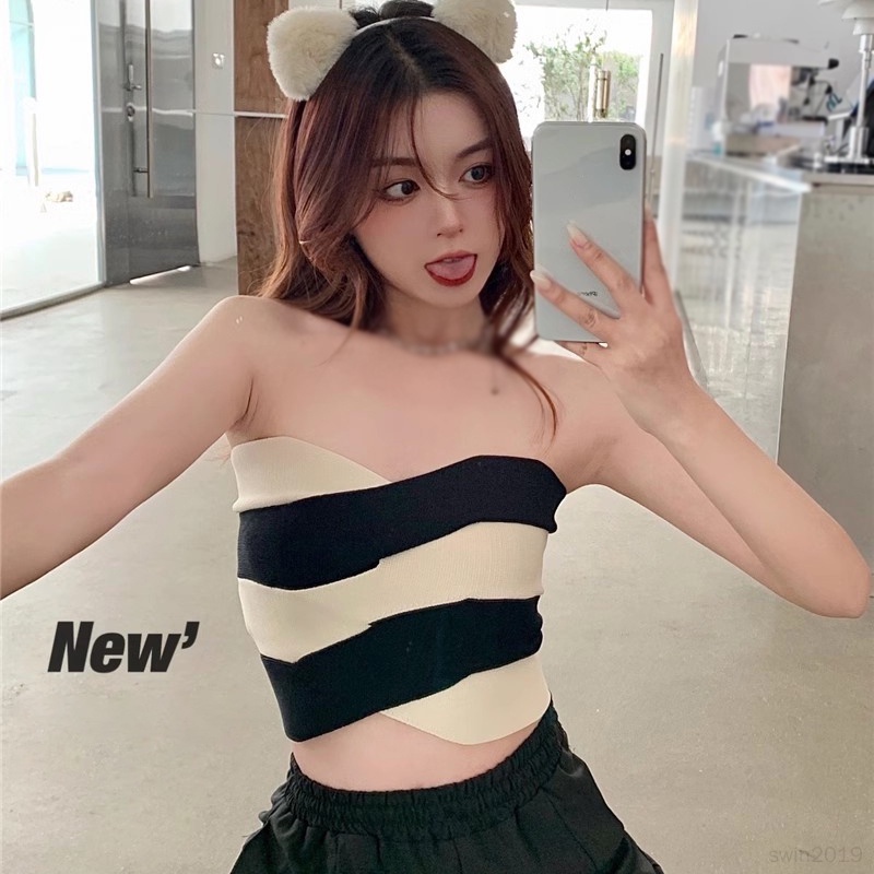 Áo Croptop Dệt Kim Sát Nách Kẻ Sọc Màu Tương Phản Kiểu Hàn Quốc Thời Trang Mùa Hè Cho Nữ