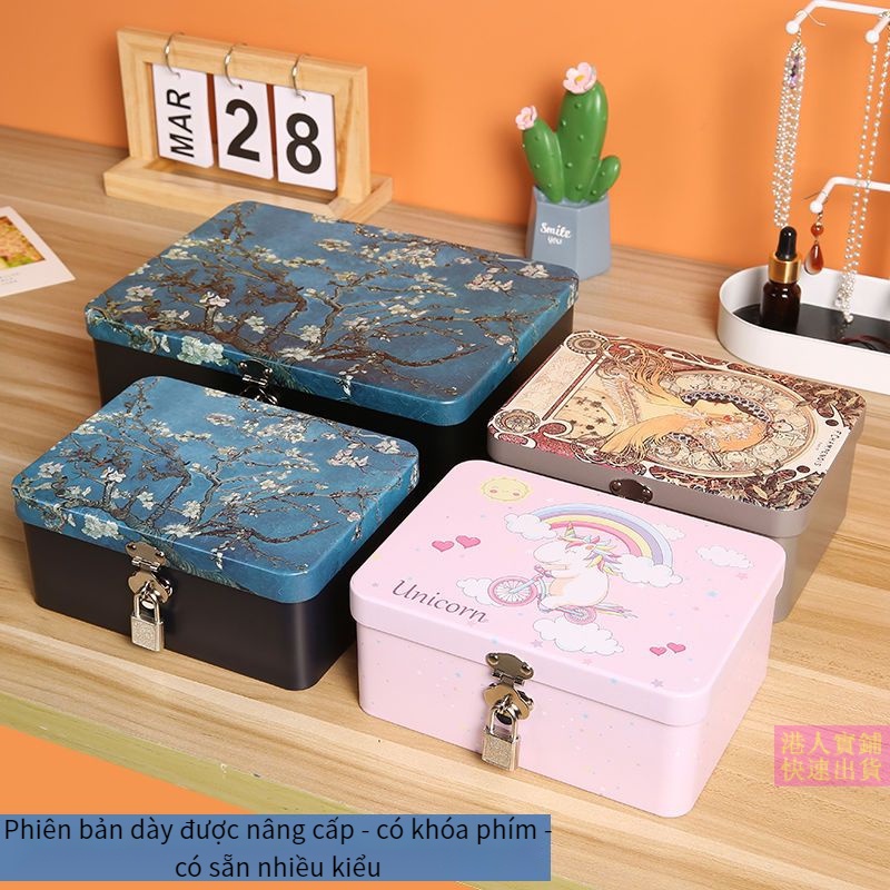 Hộp Sắt Đựng Mỹ Phẩm Để Bàn Có Khóa Chống Trộm Phong Cách retro