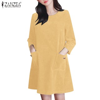 Zanzea Đầm Cổ Tròn Dáng Rộng Màu Trơn Phối Túi Thời Trang Hàn Quốc Xinh Xắn Cho Nữ