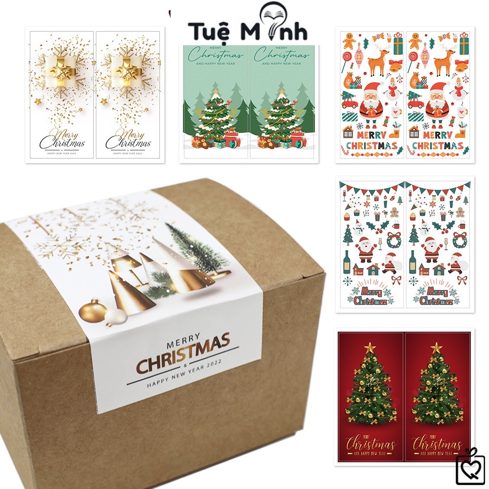 Set 50 decal dán nắp hộp Noel TE18, sticker Merry Christmas, sử dụng để trang trí hộp quà tặng trong dịp Giáng Sinh