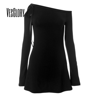 VesGlory ĐầmMini nữ thời trang mới đeo vai ren cổ bất đối xứng dài tay ruffle hip-wrap váy