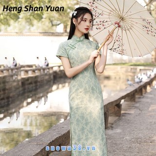 Đầm Sườn Xám Cách Tân Dáng Dài Màu Xanh Lá In Họa Tiết Phong Cách retro Thời Trang Mùa Hè Cho Nữ