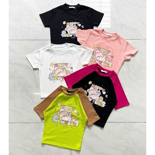Áo croptop tay ngắn in happy new year, áo thun body in hình mừng xuân 2024 alohashop91