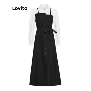 Đầm LOVITO dáng chữ A bất đối xứng ghép nối kết hợp màu sắc trơn dành cho nữ L35ED051 (nhiều màu sắc)
