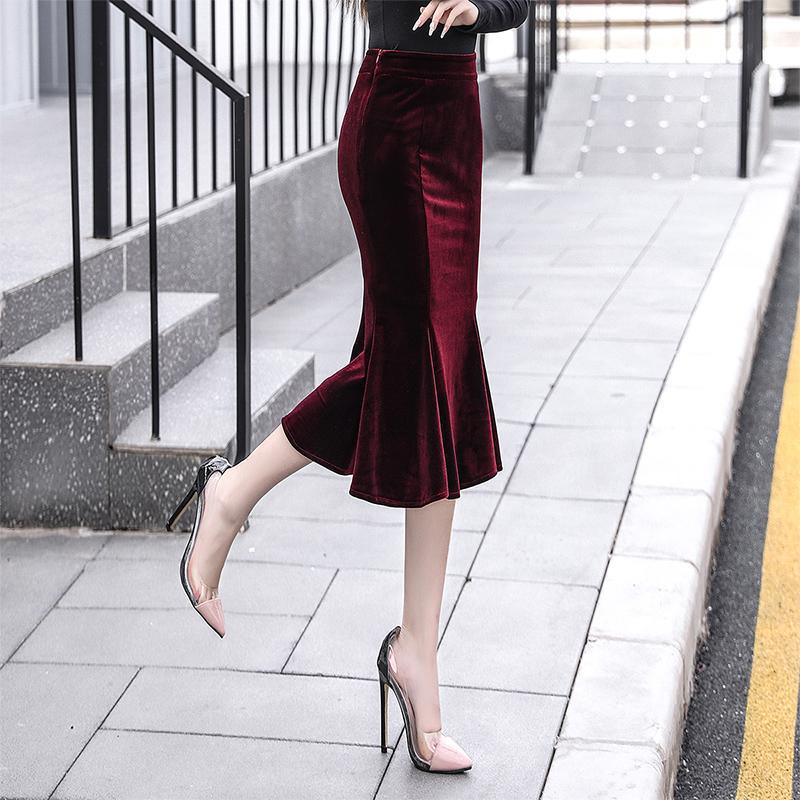Chân Váy Nhung Dài Ôm Dáng Màu Trơn Thời Trang Dành Cho Nữ