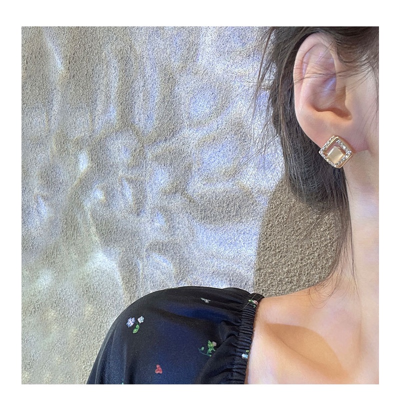 Bông Tai Mạ Bạc 925 Hình Vuông Đính Kim Cương Toàn Diện Phong Cách retro Hàn Quốc Cho Nữ