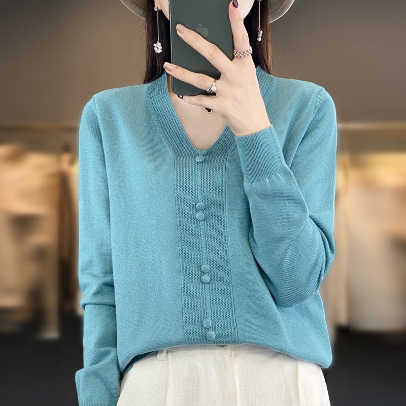 Áo sweater Dệt Kim Chui Đầu Cổ Chữ v Tay Dài Cài Nút Màu Trơn Phối Chi Tiết Pompom Cho Nữ