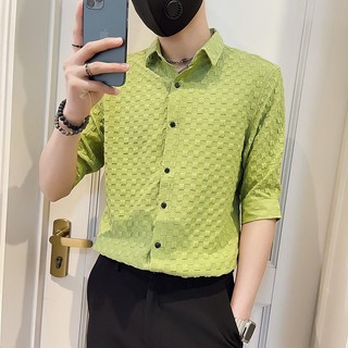 Áo Sơ Mi Nam 3D Bump Kẻ Sọc Phiên Bản Hàn Quốc Thời Trang Nửa Tay Áo Sơ Mi Công Sở Hàng Đầu