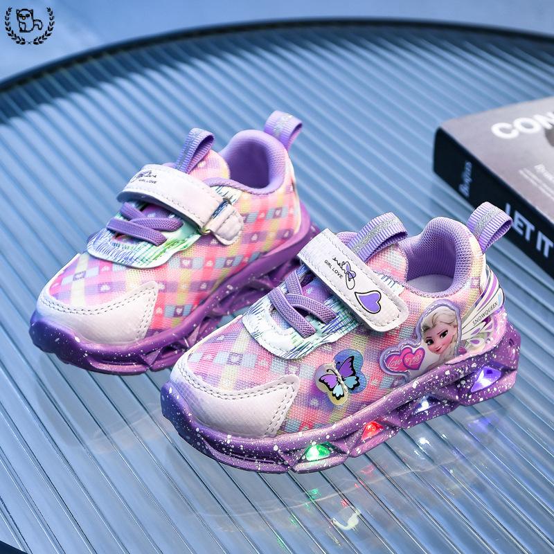 Giày Thể Thao Đế Mềm Chống Trượt Thoáng Khí Có Đèn led Dạ Quang Hình Công Chúa elsa Dành Cho Bé Gái