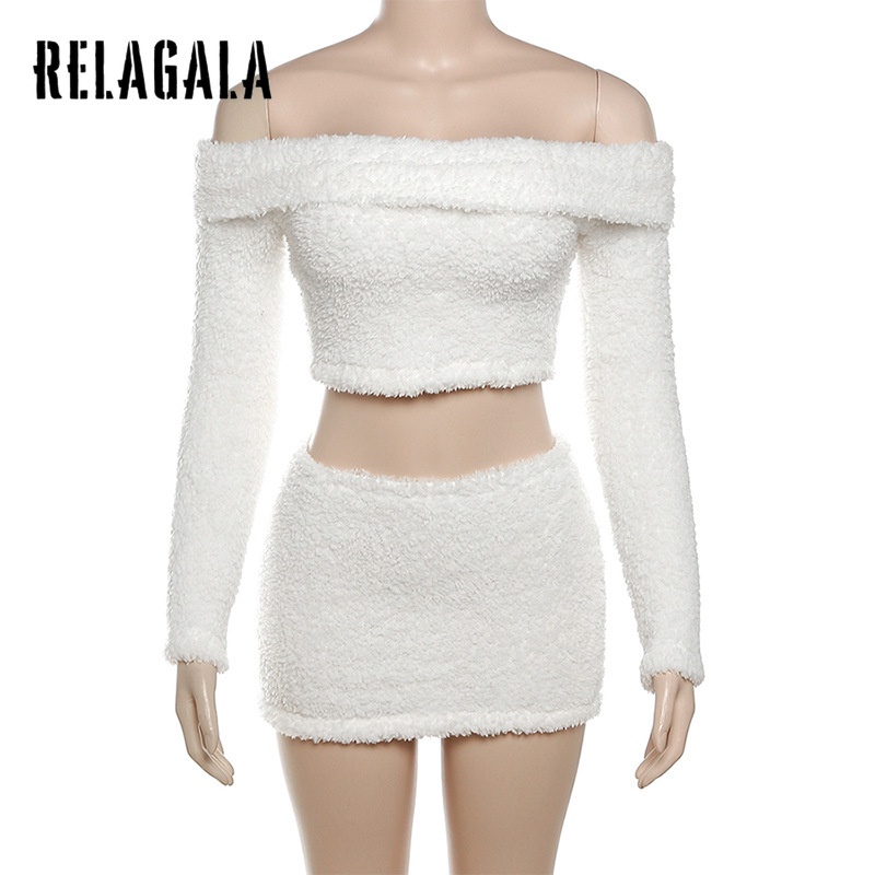 Relagala set Áo Trễ Vai Và Chân Váy Ngắn Màu Trơn Thời Trang 2023 Cho Nữ