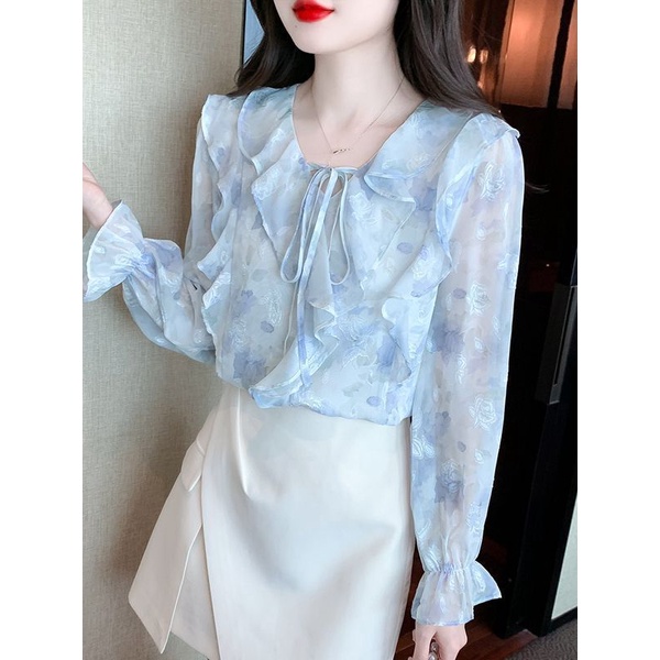 Áo Sơ Mi chiffon Tay Dài Phối Bèo In Họa Tiết Hoa Thời Trang Mùa Thu 2023 Phong Cách Mới Cho Nữ