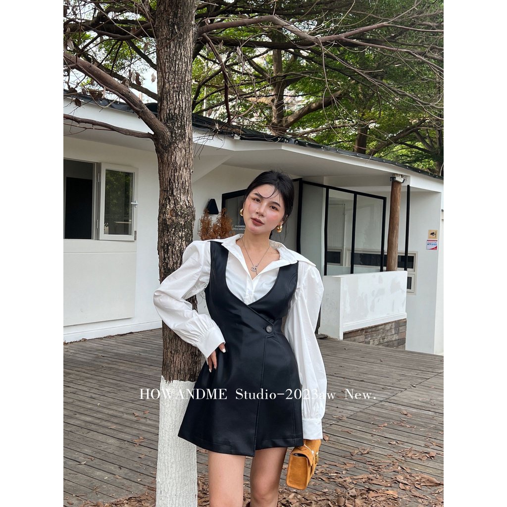 Autumn new fashion elegant shirt top hot girls waist slimming strap leather skirt two-piece suit for women