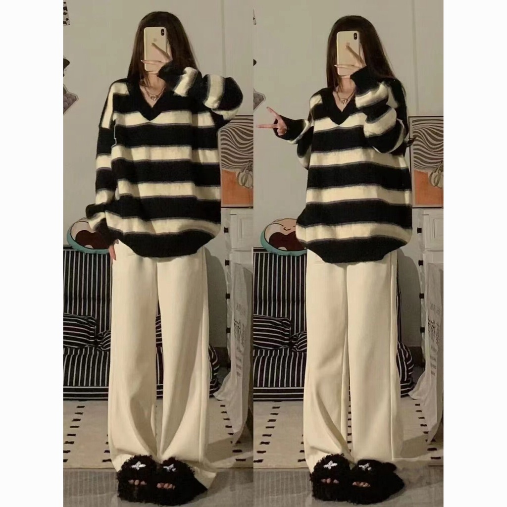 Set Áo sweater Kẻ Sọc Trắng Đen Và Quần Dài Ống Rộng Thời Trang Cho Nữ
