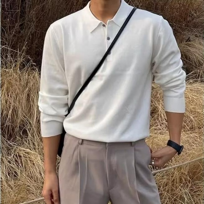 Áo Thun polo Dệt Kim Tay Dài Màu Sắc Đơn Giản Phong Cách retro Nhật Bản Cho Nam Giới