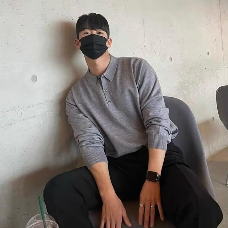 Áo Thun polo Dệt Kim Tay Dài Màu Sắc Đơn Giản Phong Cách retro Nhật Bản Cho Nam Giới