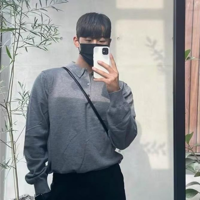 Áo Thun polo Dệt Kim Tay Dài Màu Sắc Đơn Giản Phong Cách retro Nhật Bản Cho Nam Giới