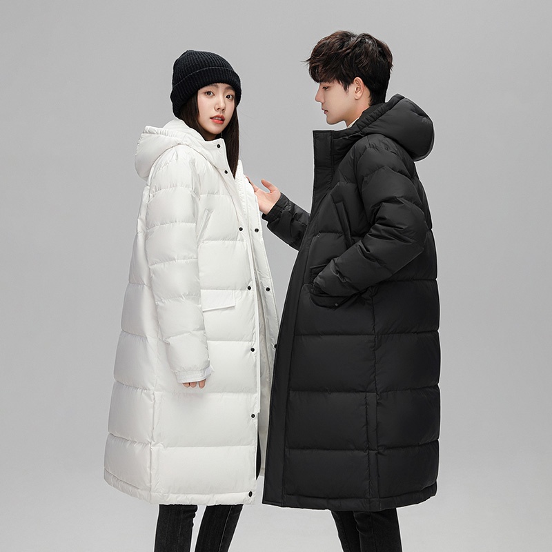 Chất Lượng Cao Áo Khoác Phao Dày Dặn Hai Lớp Màu Trơn Dáng Dài Qua Gối Có Mũ Trùm Mùa Đông Cho Cặp Đôi