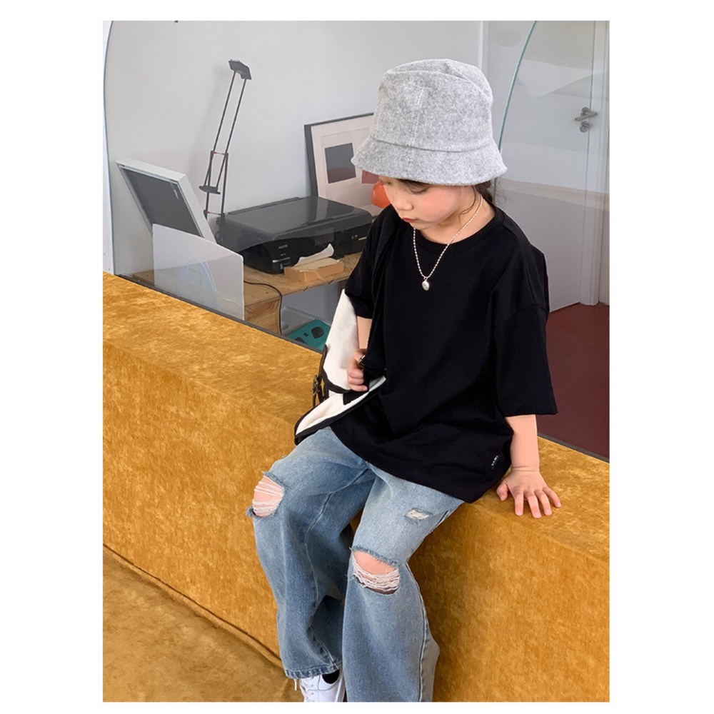 Quần jeans Rách Lưng Cao Ống Rộng Phong Cách retro Cho Bé Gái