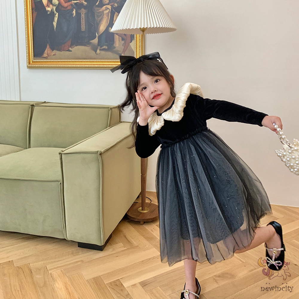 Đầm Công Chúa Tay Dài Phong Cách hepburn Hàn Quốc Cho Bé Gái