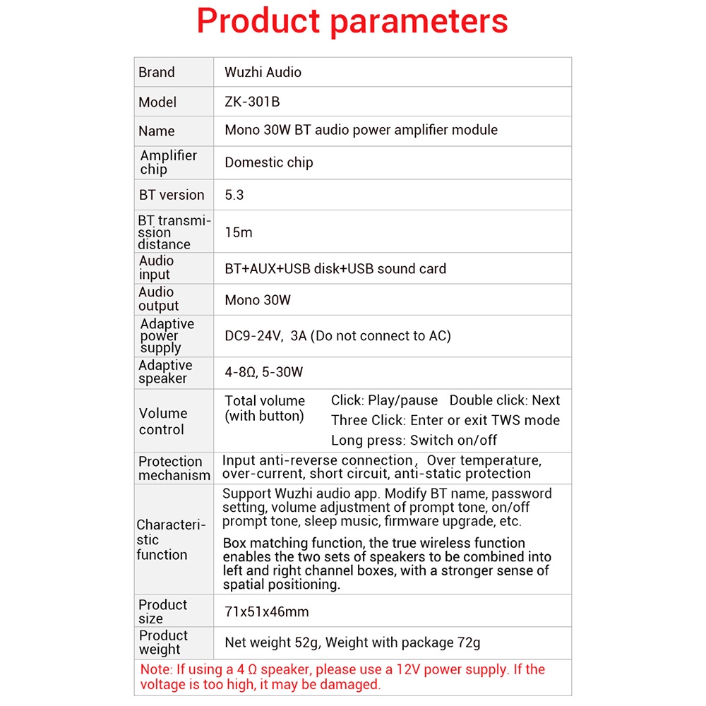Bảng Mạch Khuếch Đại Âm Thanh mono 30w bluetooth 5.3 aux tws zk-301b mono 30w