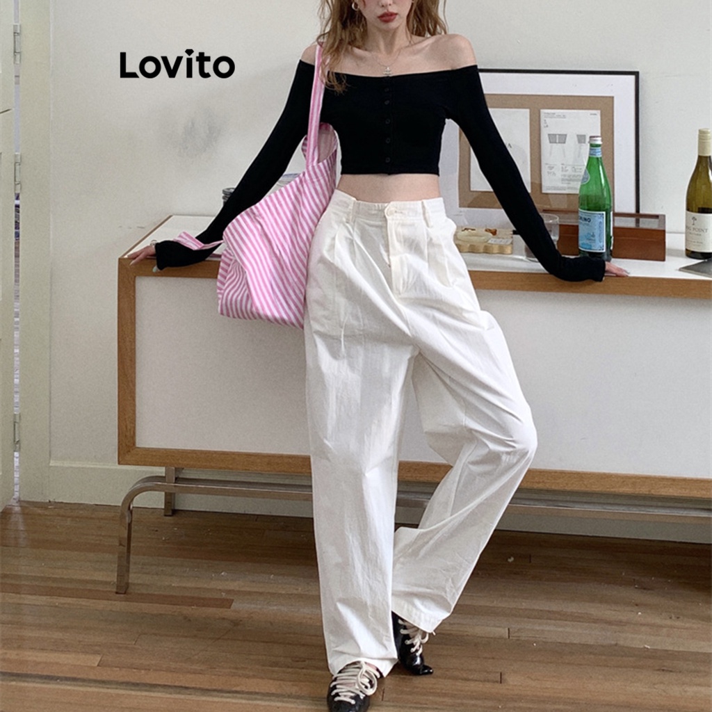 Lovito Áo thun trễ vai trơn đơn giản dành cho nữ LNA26161