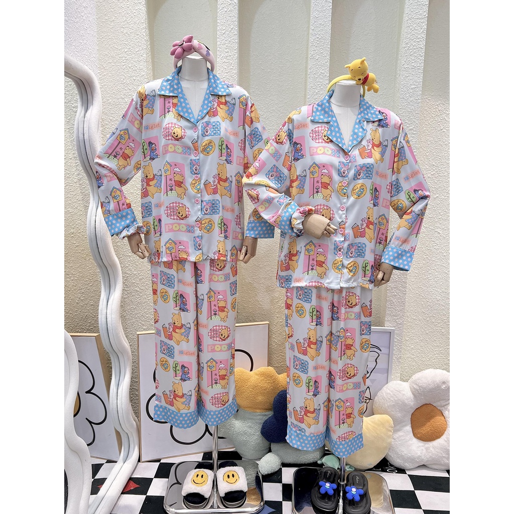 Bộ Pijama Monybear quần dài , áo tay dài in hình Pooh cute khung caro kèm cột tóc - HN1619
