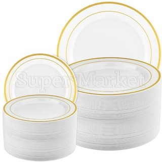 Đĩa ăn tối bằng nhựa bền thanh lịch / đĩa nhựa chịu được sức nặng cho tiệc cưới / salad / đĩa trắng với vành vàng